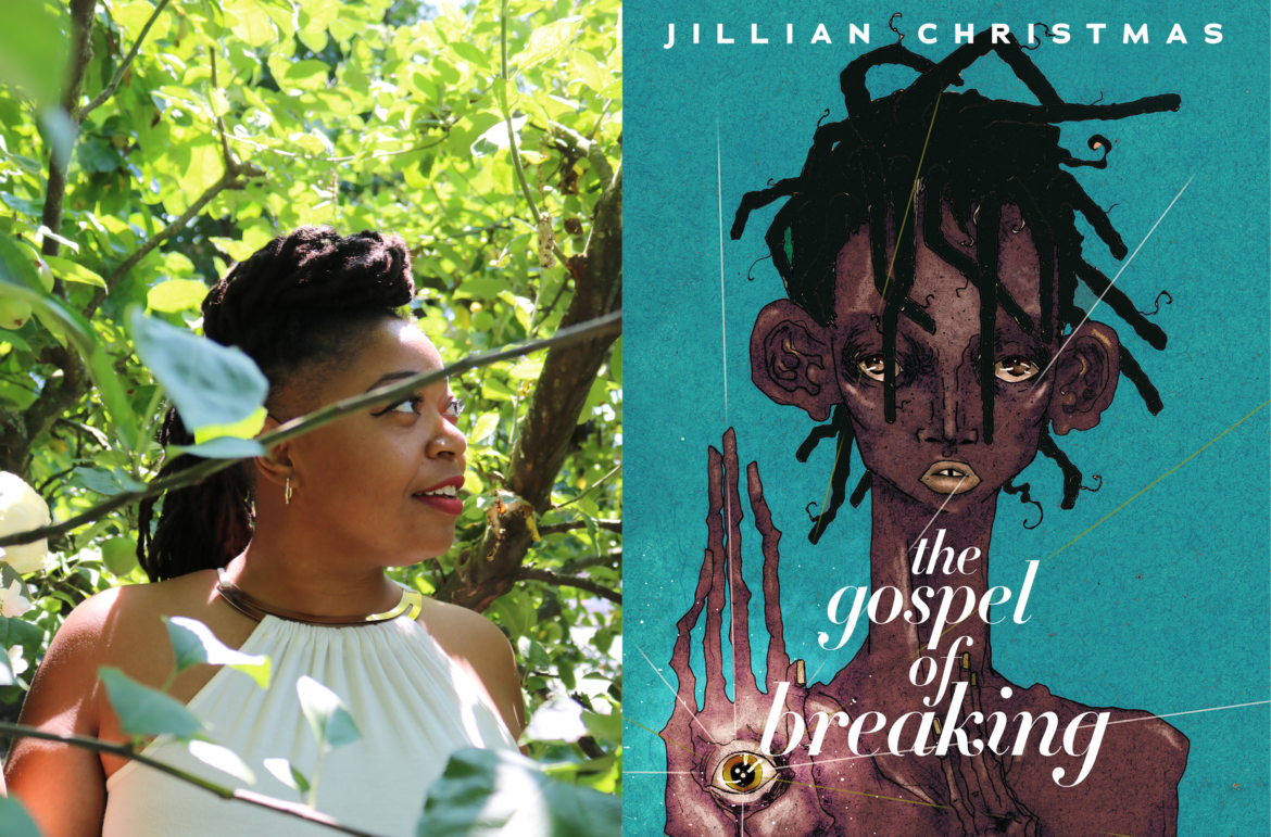 A composite image of author Jillian Christmas with the cover of Gospel for Breaking
