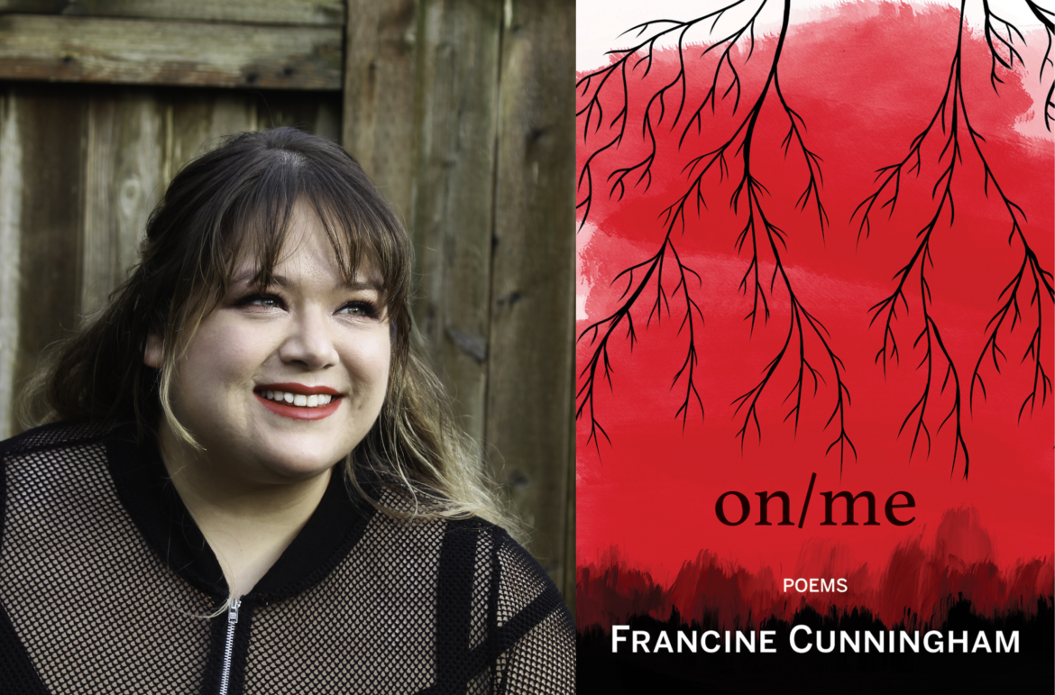 A composite image of author Francine Cunningham and the cover of her new book, which features a black line drawing of branches against a red background