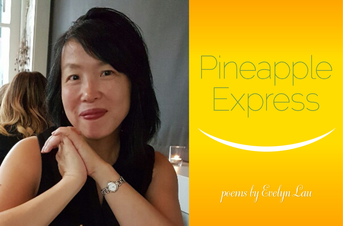 A composite image of poet Evelyn Lau and the cover of her new book, Pinapple Express, which features a minimal, smile-like swoosh against a vibrant yellow gradient background