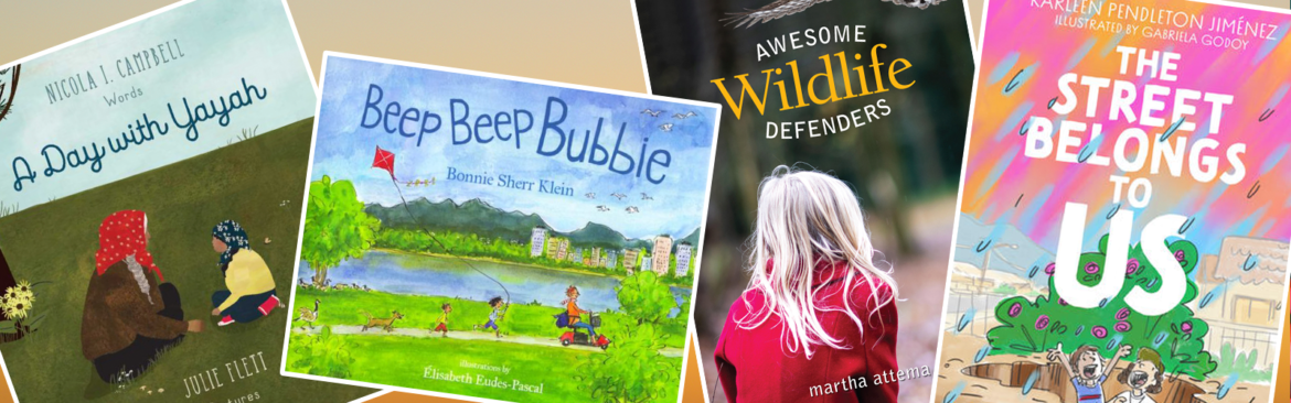 Cover of "A Day with Yayah," cover of "Beep Beep Bubbie," cover of "Awesome Wildlife Defenders," and cover of "The Street Belongs to Us."