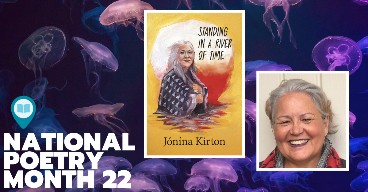 Composite image featuring a photo of Jonina Kirton and the cover of her book Standing In a River of Time