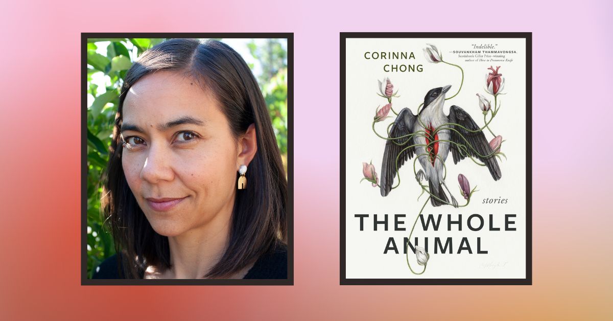 An image of author Corinna Chong next to the cover image of her short story collection "The Whole Animal."
