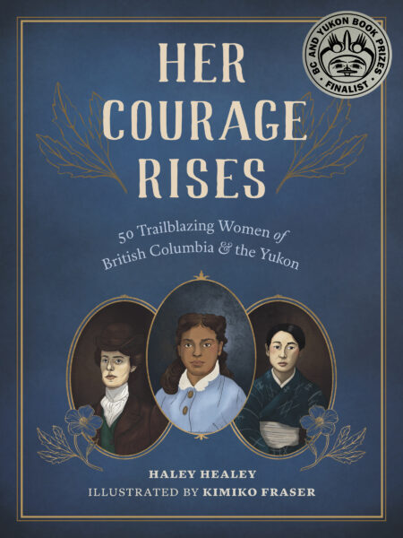 Cover of Her Courage Rises. Blue background with portraits of three women.