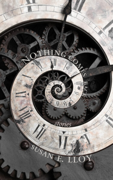 Cover of Nothing Comes Back. A black and white deconstructed spiral made of clock parts.