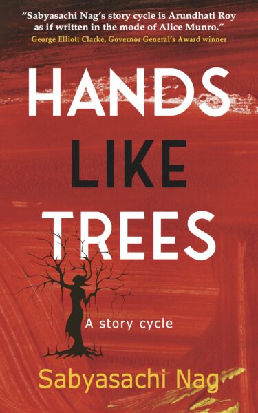 Cover of Hands Like Trees. Red background with figure of of person with branches for arms, feet, and head.