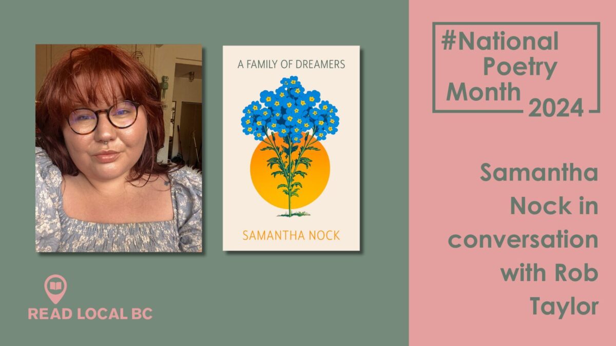 A photo of poet Samantha Nock next to the cover of her poetry book A Family of Dreamers