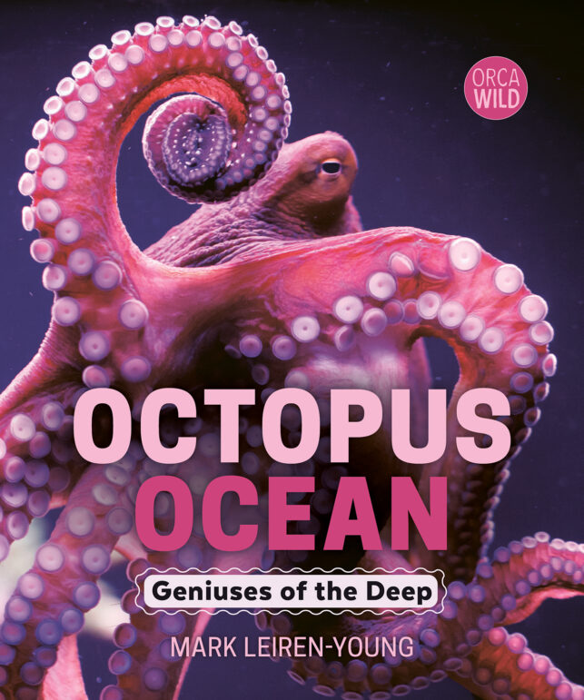 Octopus ocean cover with a close up pink octopus with a curled arm