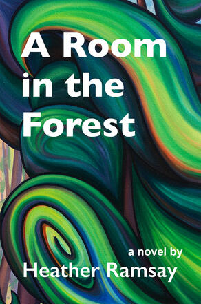 A room in the first book cover with an abstract painting of a tree with lots of swirls and movement.