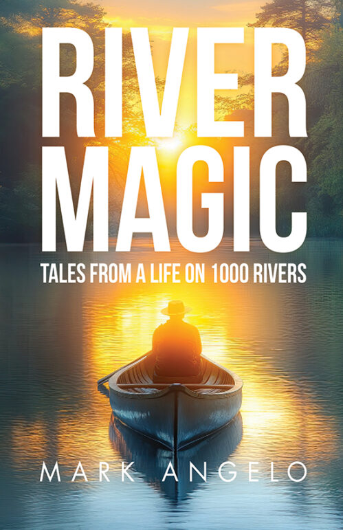 River Magic book cover with a man sailing a canoe into a sunset.