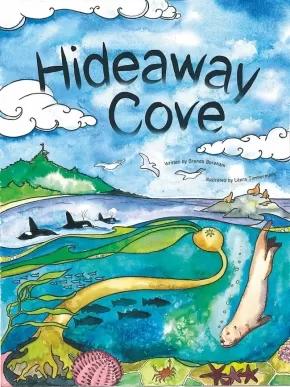 Hideway Cover book cover with a swirling ocean ecology of gulls, orcas, seals, and sea anemone.