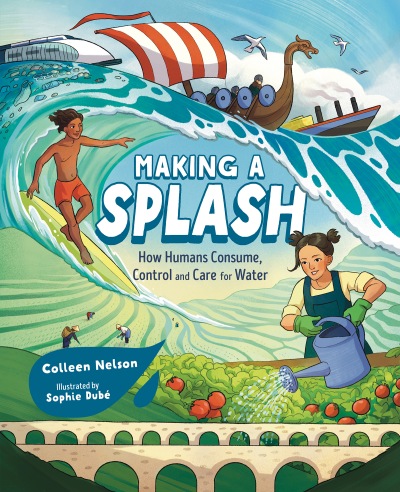 Making a splash book cover with a boy surfing a large wave with ships above, and a girl watering tomatoes with rice paddies in the background.