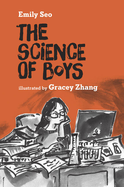 the science of boys with an asian girl in glasses hunched at a desk surrounded by a cornucopia of papers, books, and science flasks in black and white ink.
