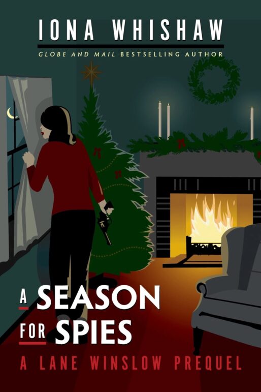 a season for spies, a woman peering out her window behind a curtain holding a gun, in a living room with a christmas tree and a fireplace.