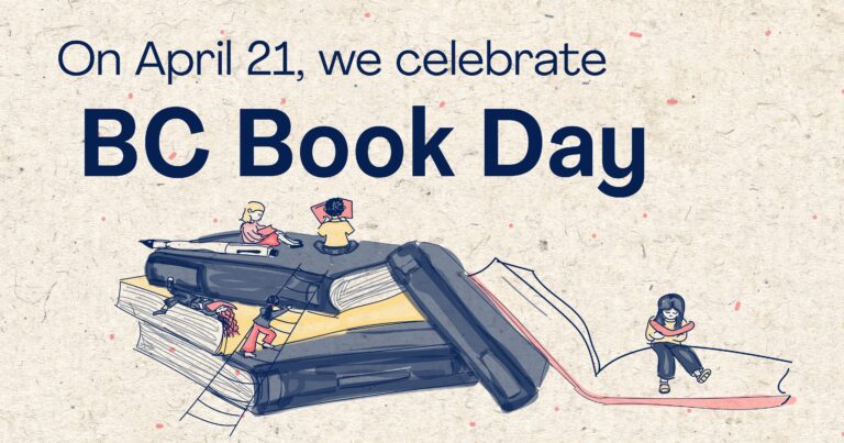 Little human characters reading on top of pile of huge books