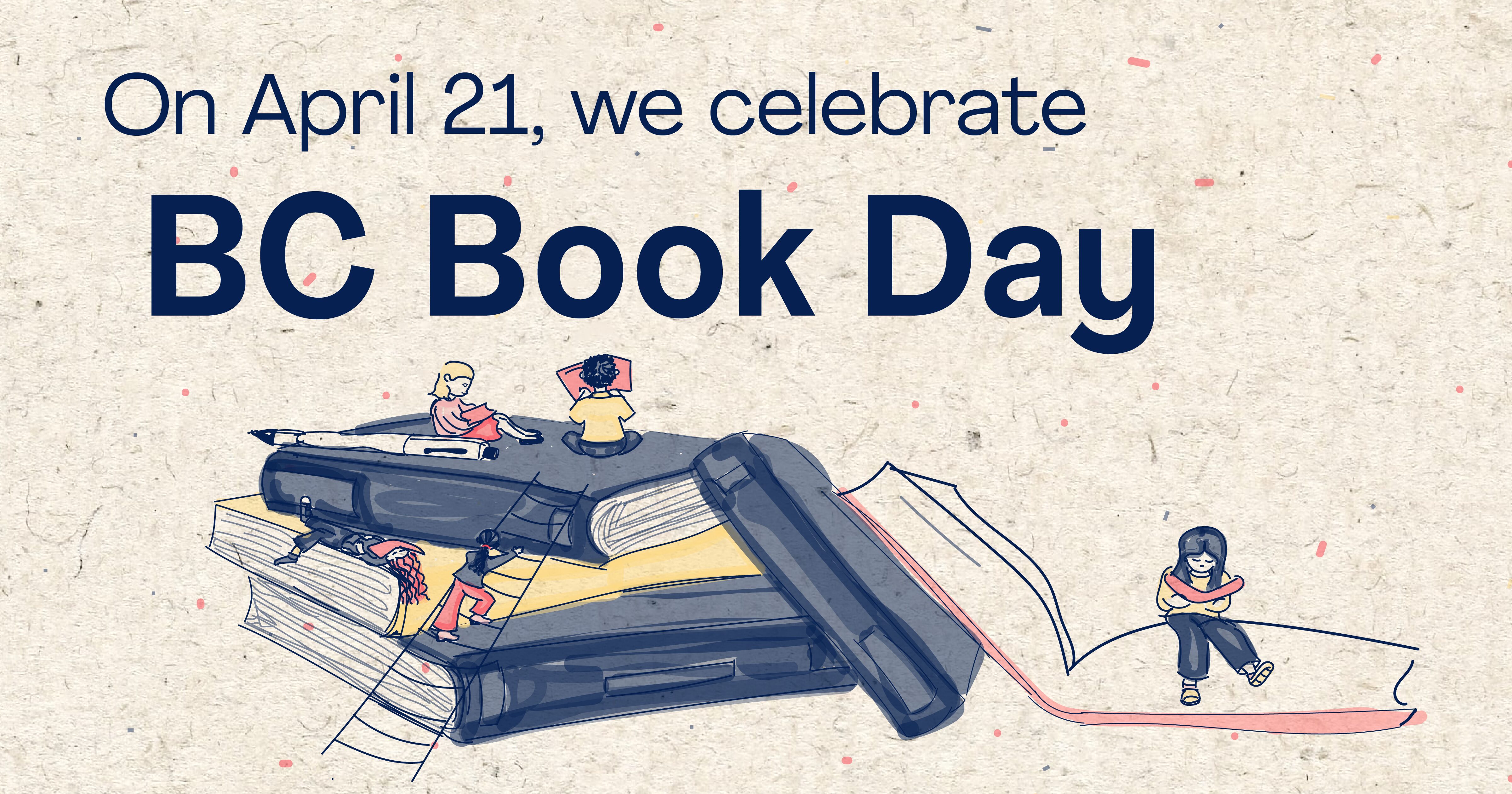 Little human characters reading on top of pile of huge books